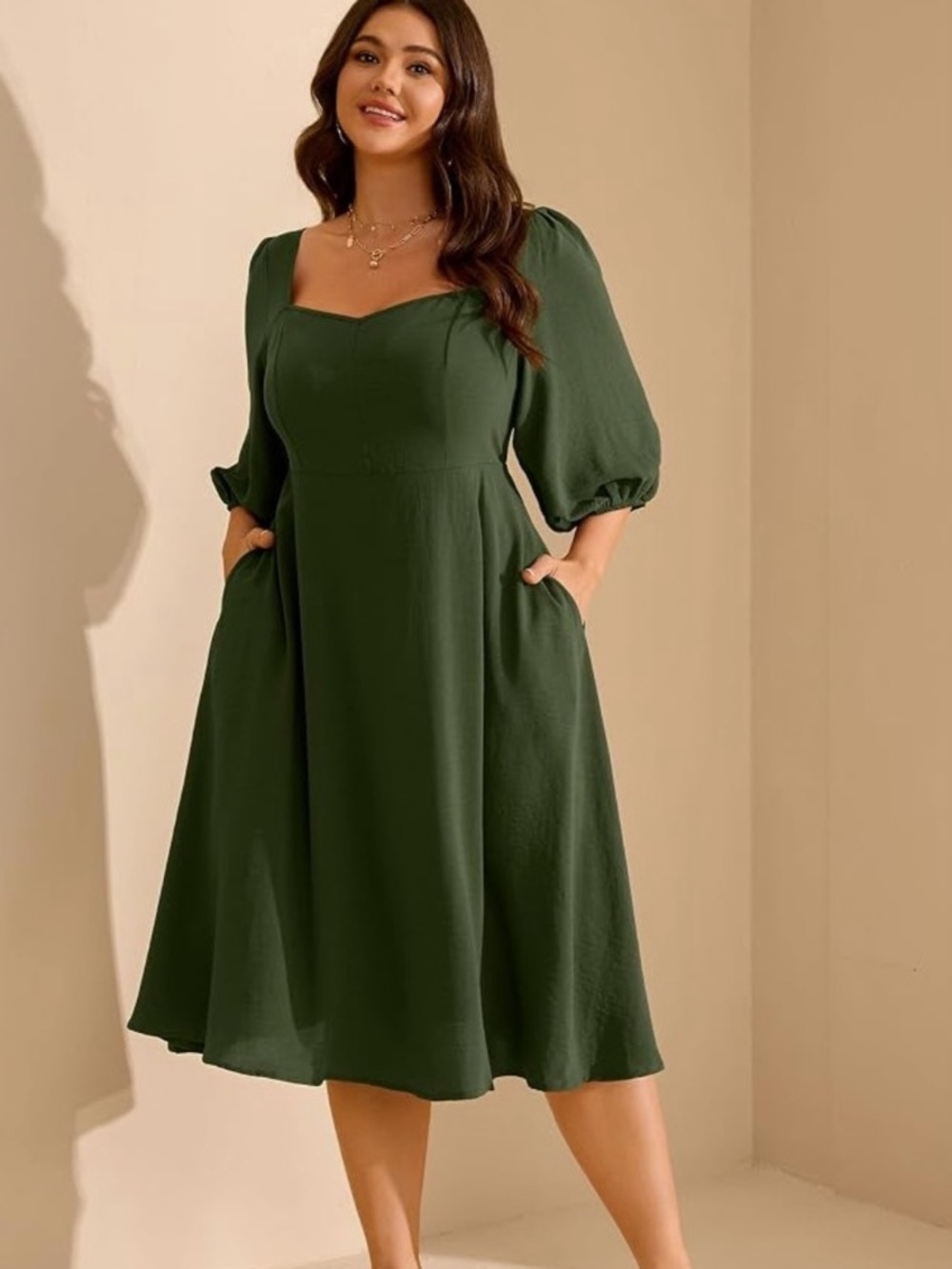 RWJ Women's Olive Green Midi Dress with Pockets